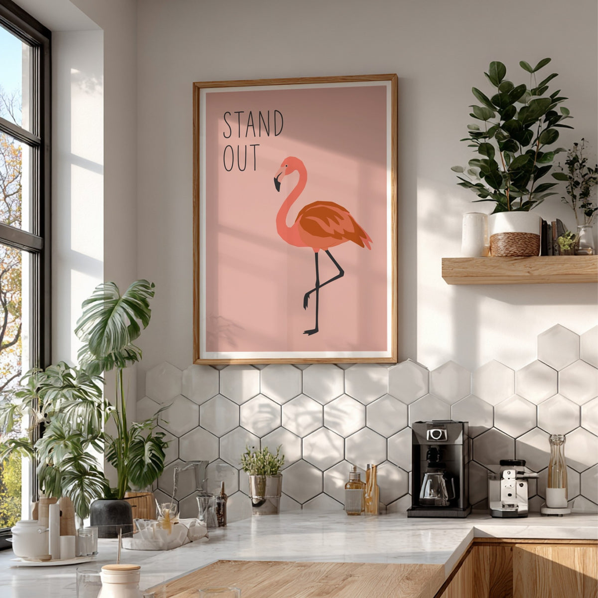 Poster featuring a minimalist flamingo illustration on a soft blush pink background with text.