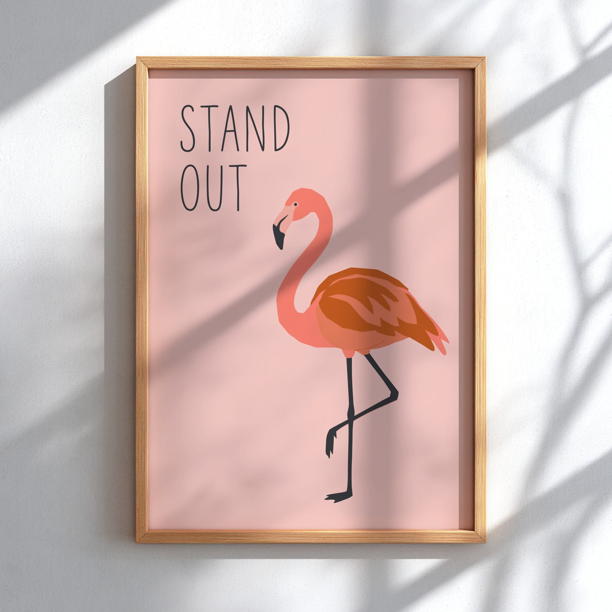 Poster featuring a minimalist flamingo illustration on a soft blush pink background with text.