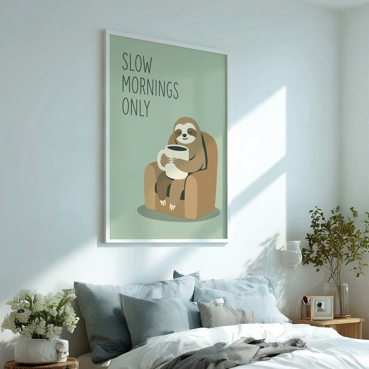 Poster featuring a cute sloth sitting in a chair holding a coffee mug illustration
