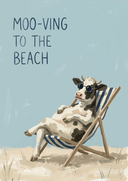 Poster featuring a cool cow in sunglasses relaxing on a beach chair under text.