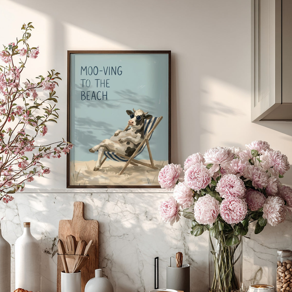 Poster featuring a cool cow in sunglasses relaxing on a beach chair under text.