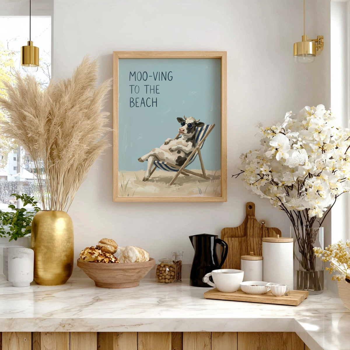 Poster featuring a cool cow in sunglasses relaxing on a beach chair under text.