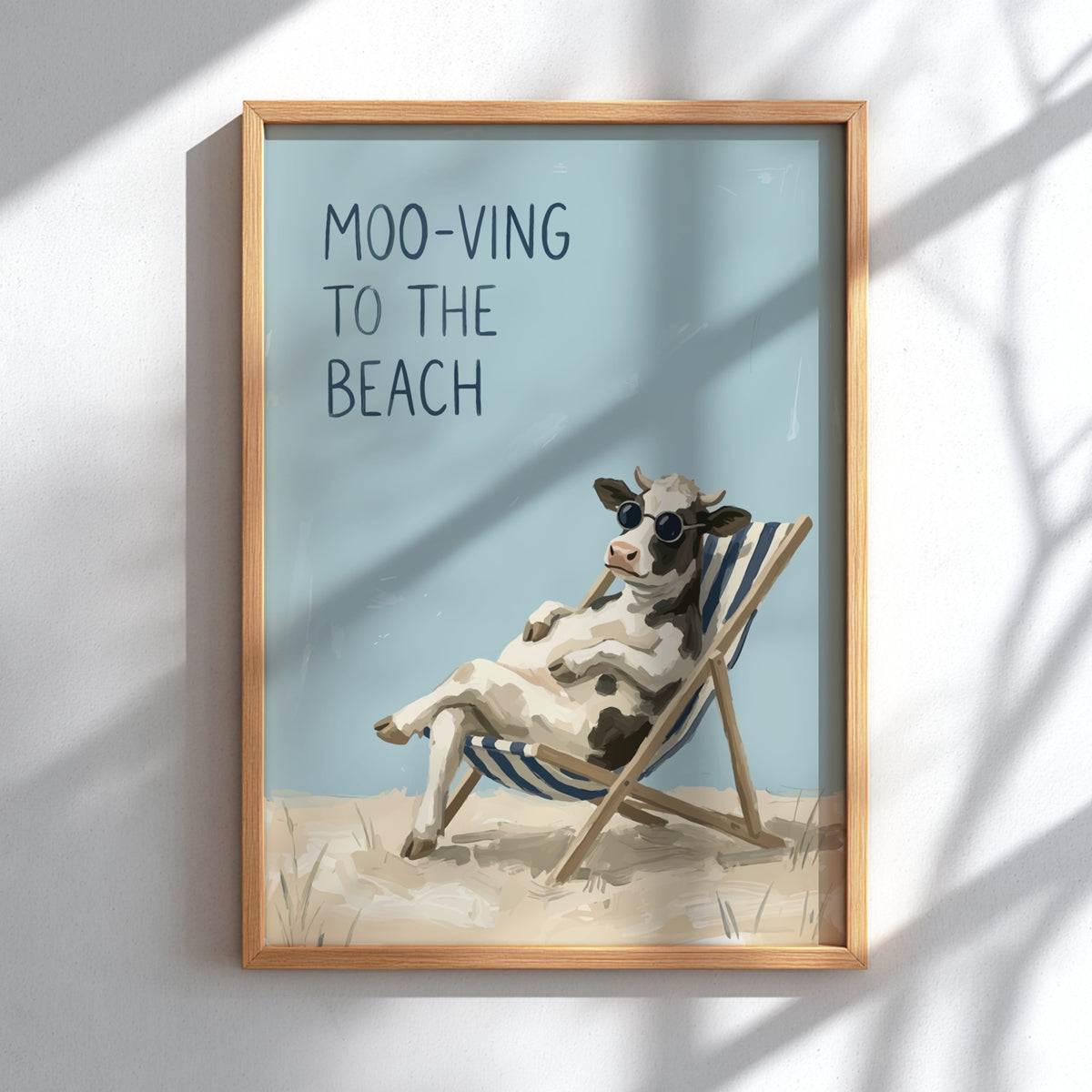 Poster featuring a cool cow in sunglasses relaxing on a beach chair under text.