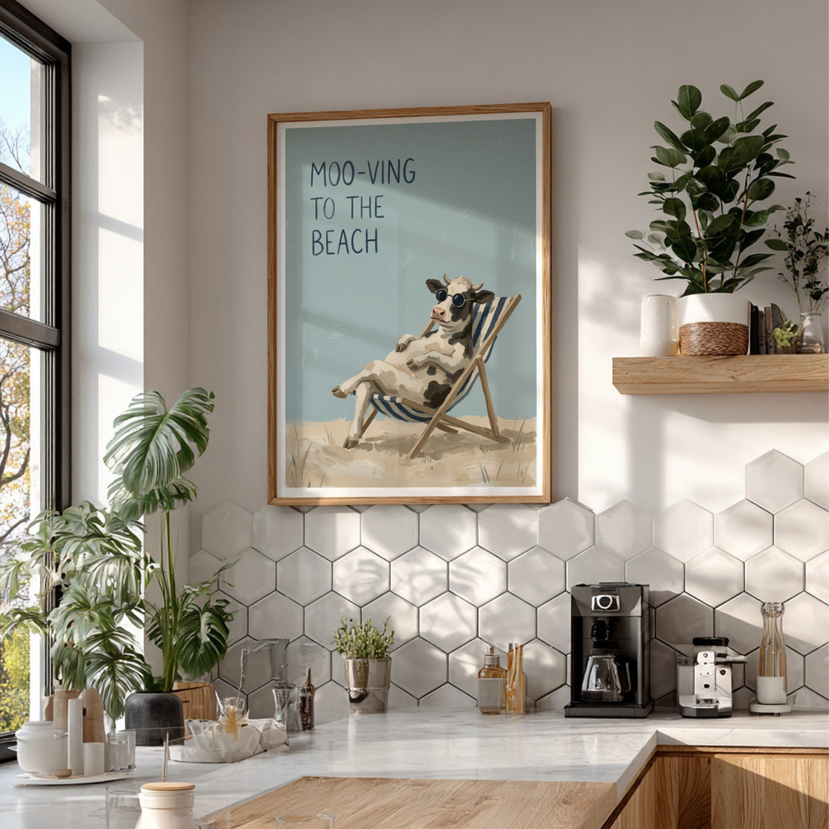 Poster featuring a cool cow in sunglasses relaxing on a beach chair under text.