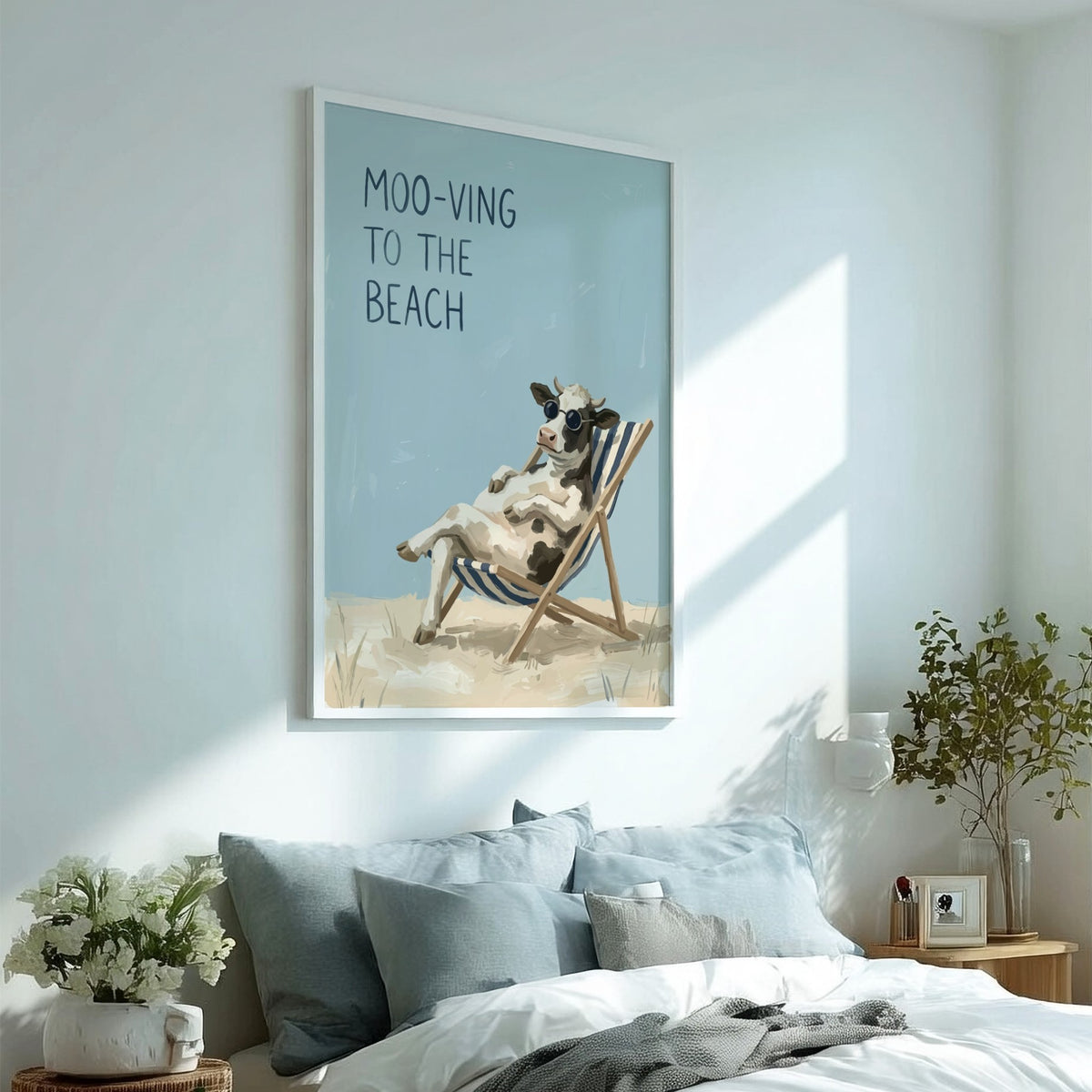 Poster featuring a cool cow in sunglasses relaxing on a beach chair under text.