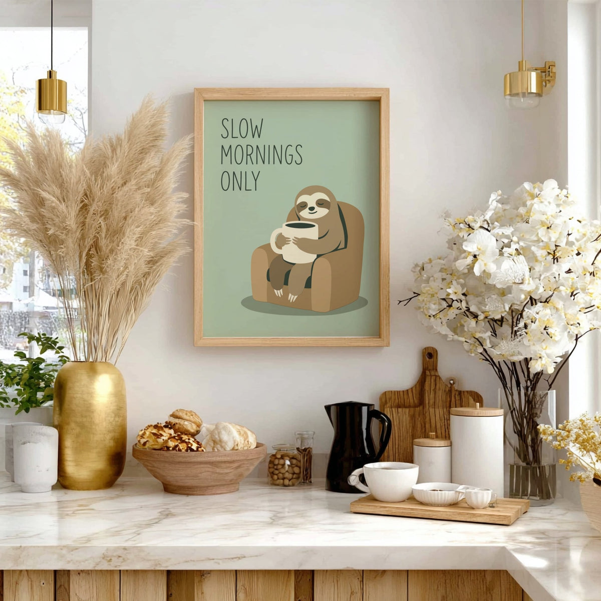 Poster featuring a cute sloth sitting in a chair holding a coffee mug illustration
