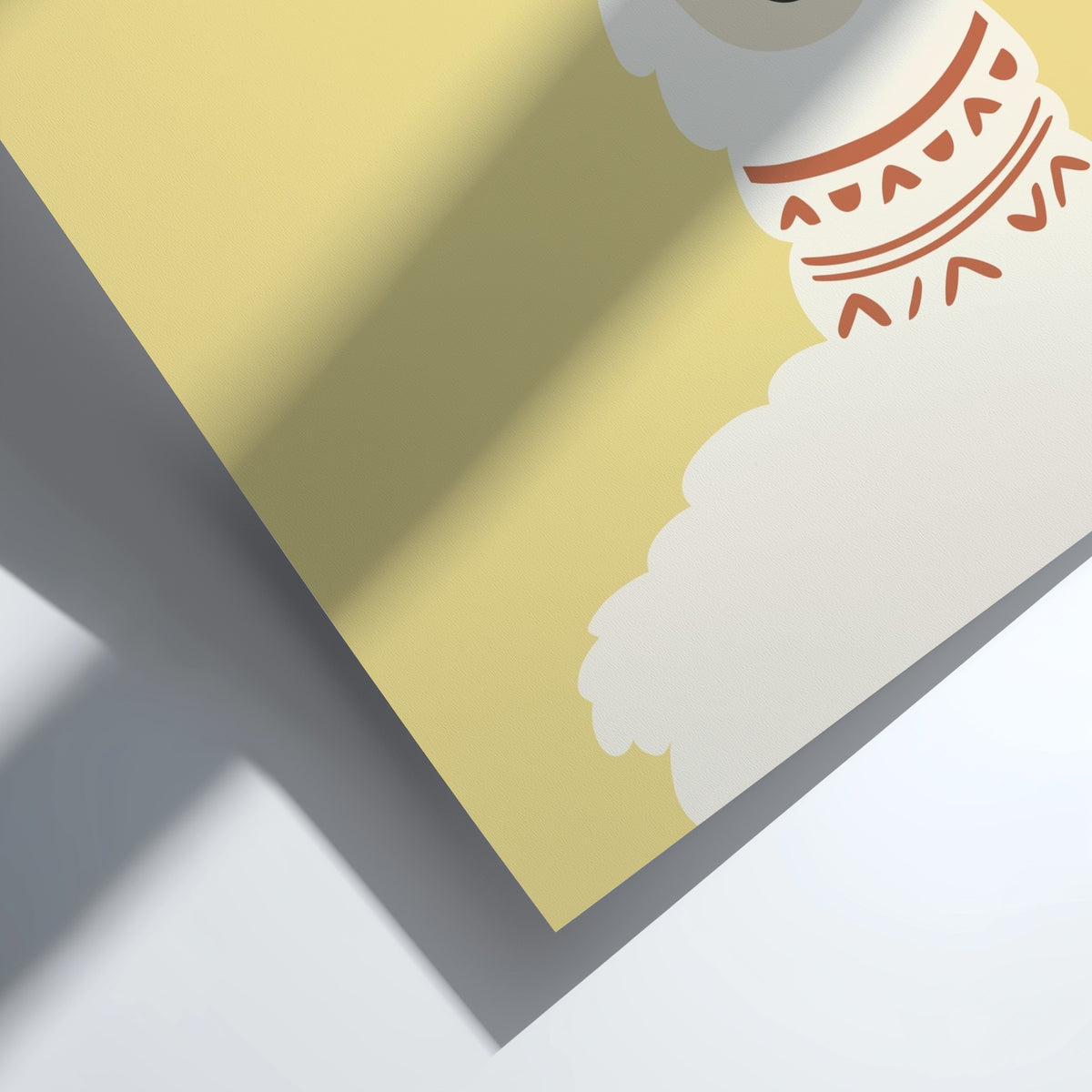 Poster featuring a cute white llama with a patterned neck on yellow background