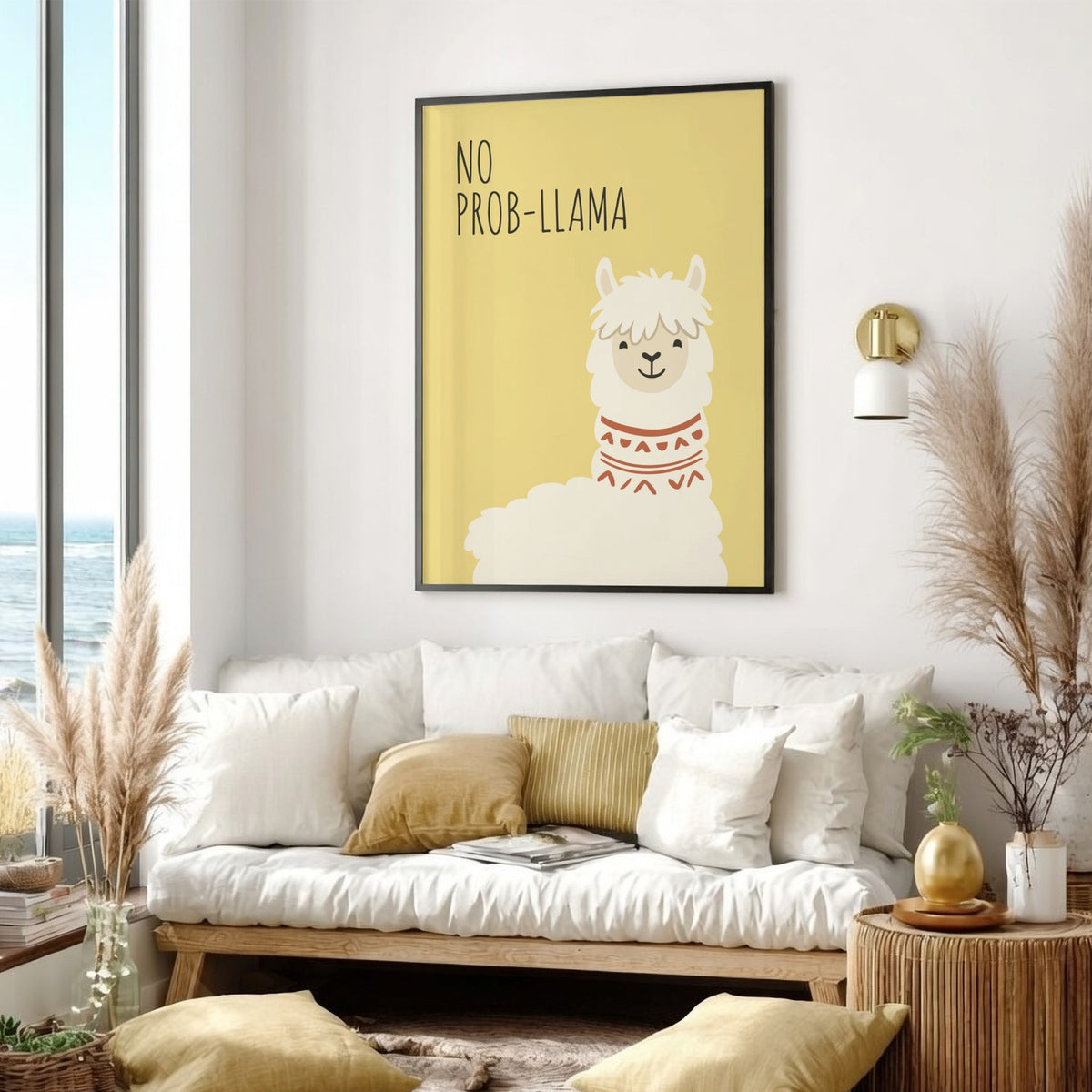 Poster featuring a cute white llama with a patterned neck on yellow background