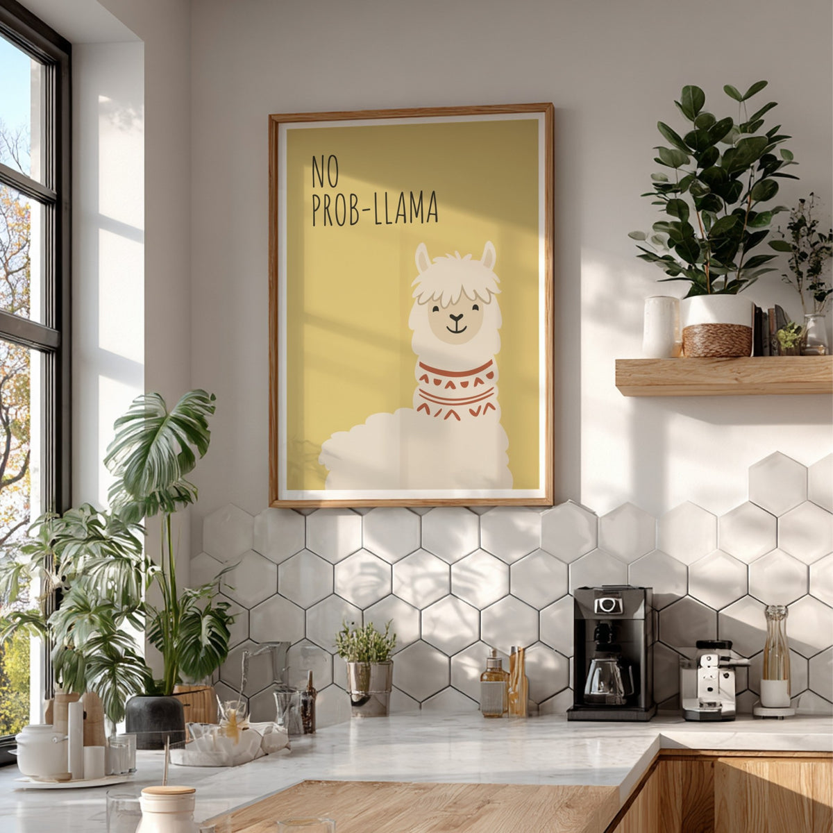 Poster featuring a cute white llama with a patterned neck on yellow background