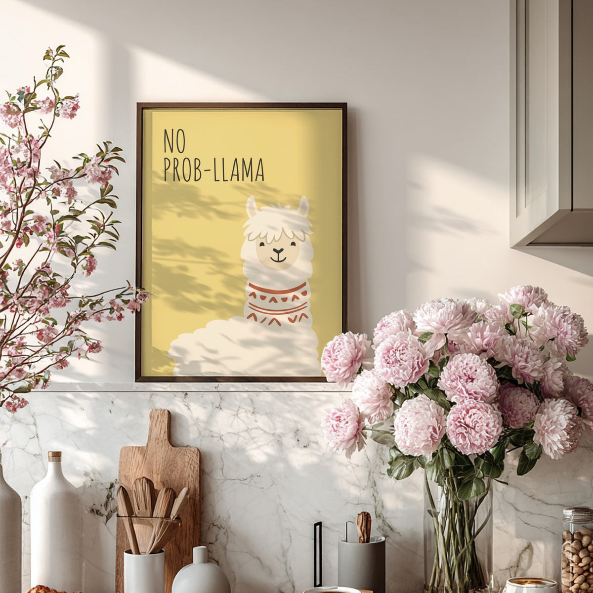 Poster featuring a cute white llama with a patterned neck on yellow background