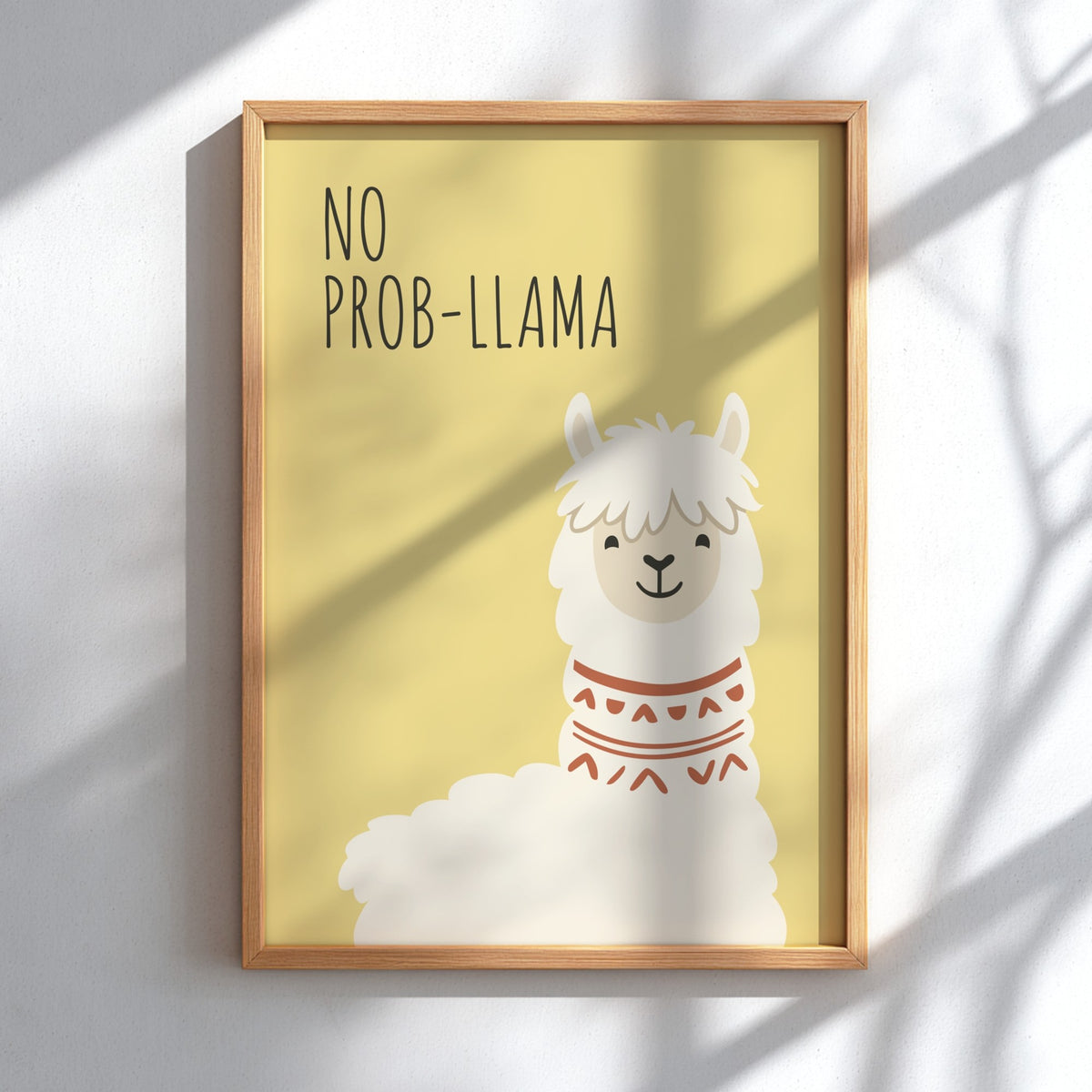 Poster featuring a cute white llama with a patterned neck on yellow background