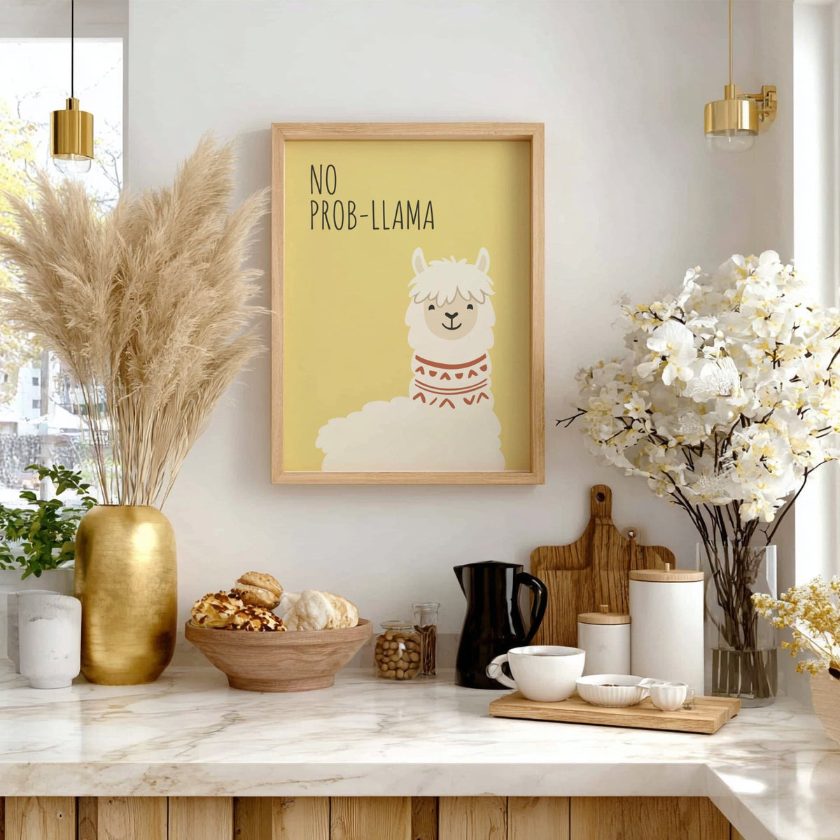 Poster featuring a cute white llama with a patterned neck on yellow background
