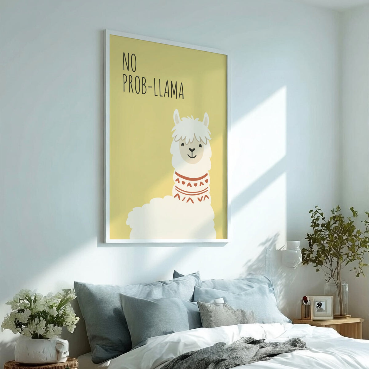 Poster featuring a cute white llama with a patterned neck on yellow background