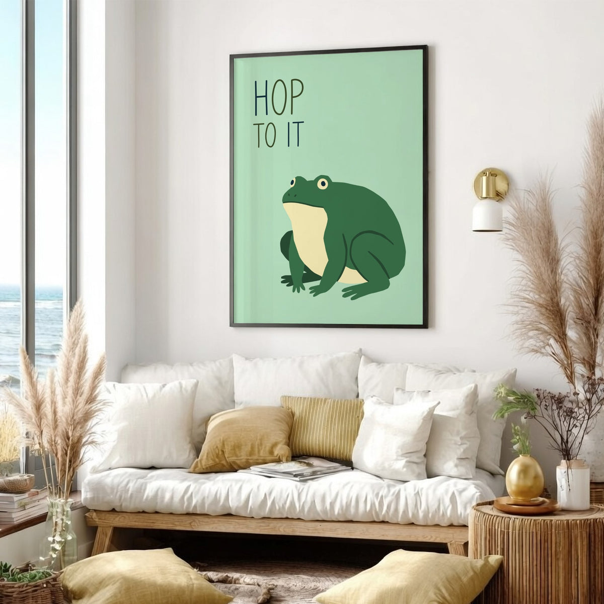 Poster featuring a green frog illustration with the text Hop To It on mint.
