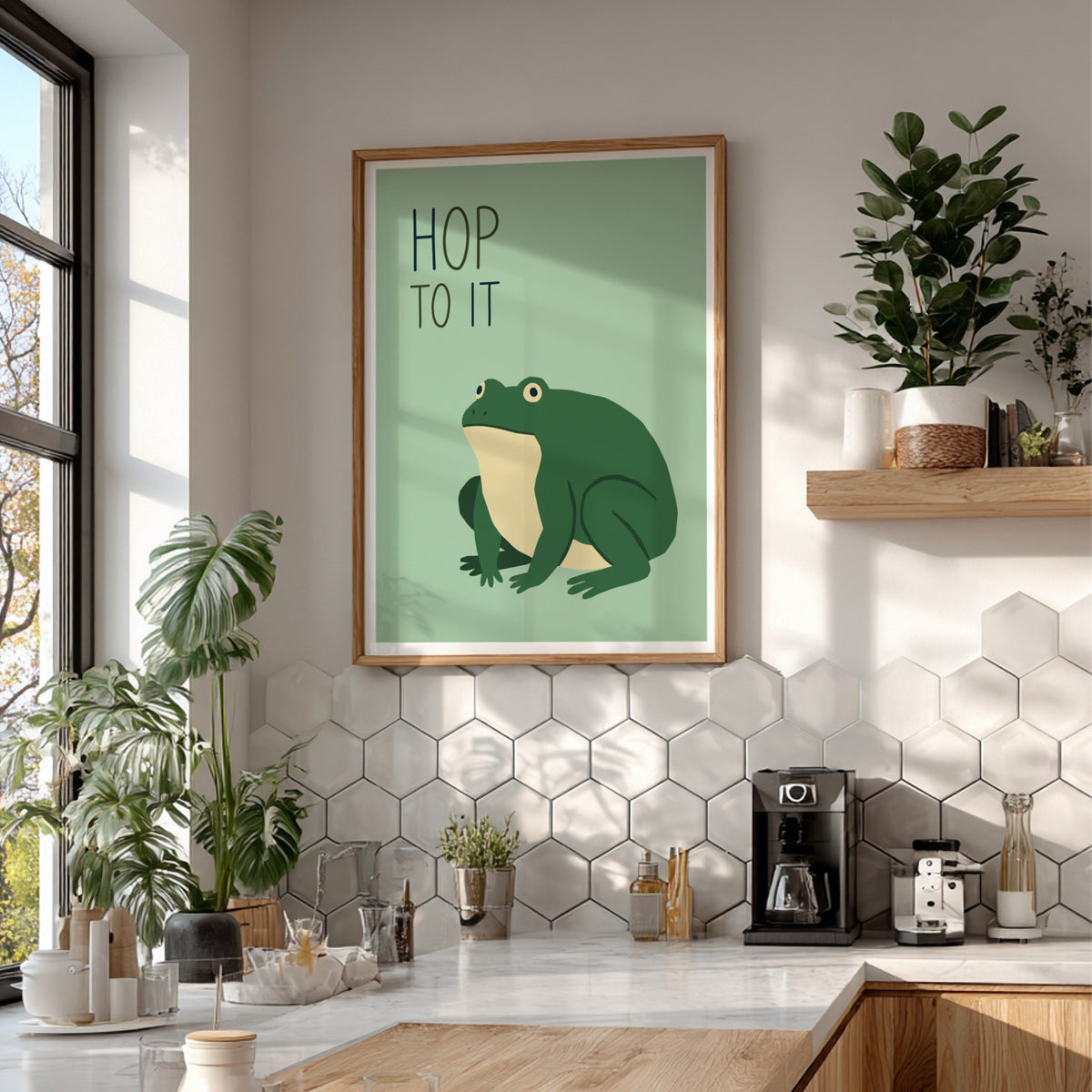 Poster featuring a green frog illustration with the text Hop To It on mint.
