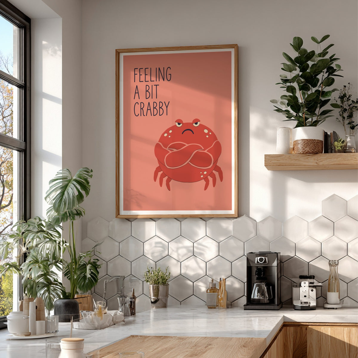 Poster featuring a grumpy red crab with crossed arms and the text Feeling a Bit Crabby.