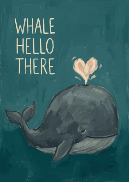 Poster featuring a dark blue whale with a heart-shaped water spout on teal background