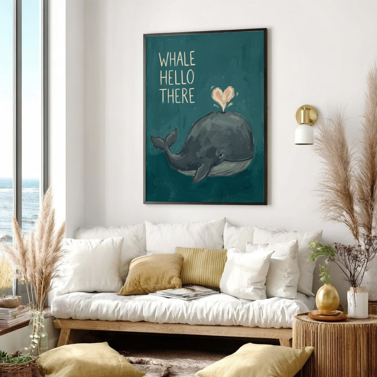 Poster featuring a dark blue whale with a heart-shaped water spout on teal background
