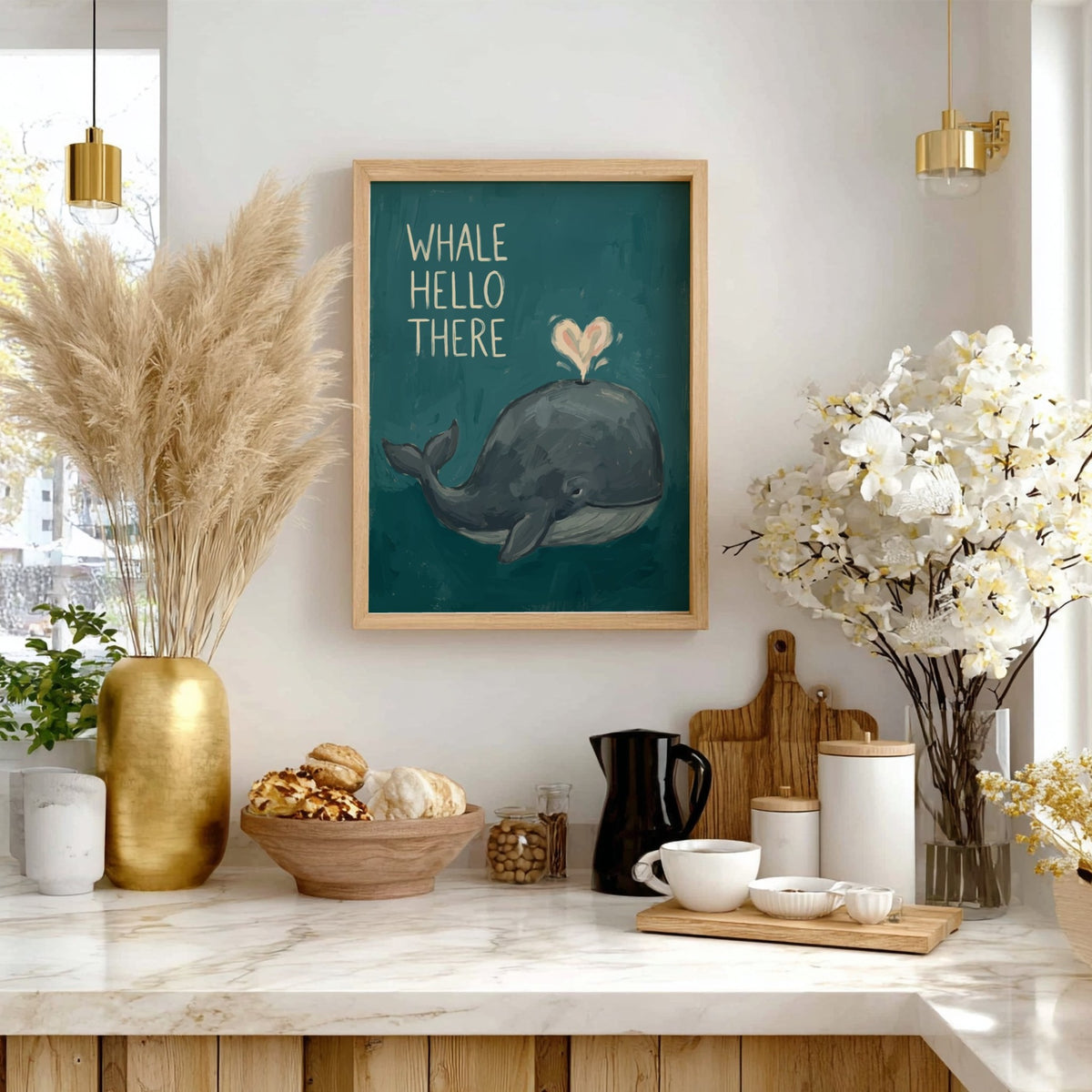 Poster featuring a dark blue whale with a heart-shaped water spout on teal background
