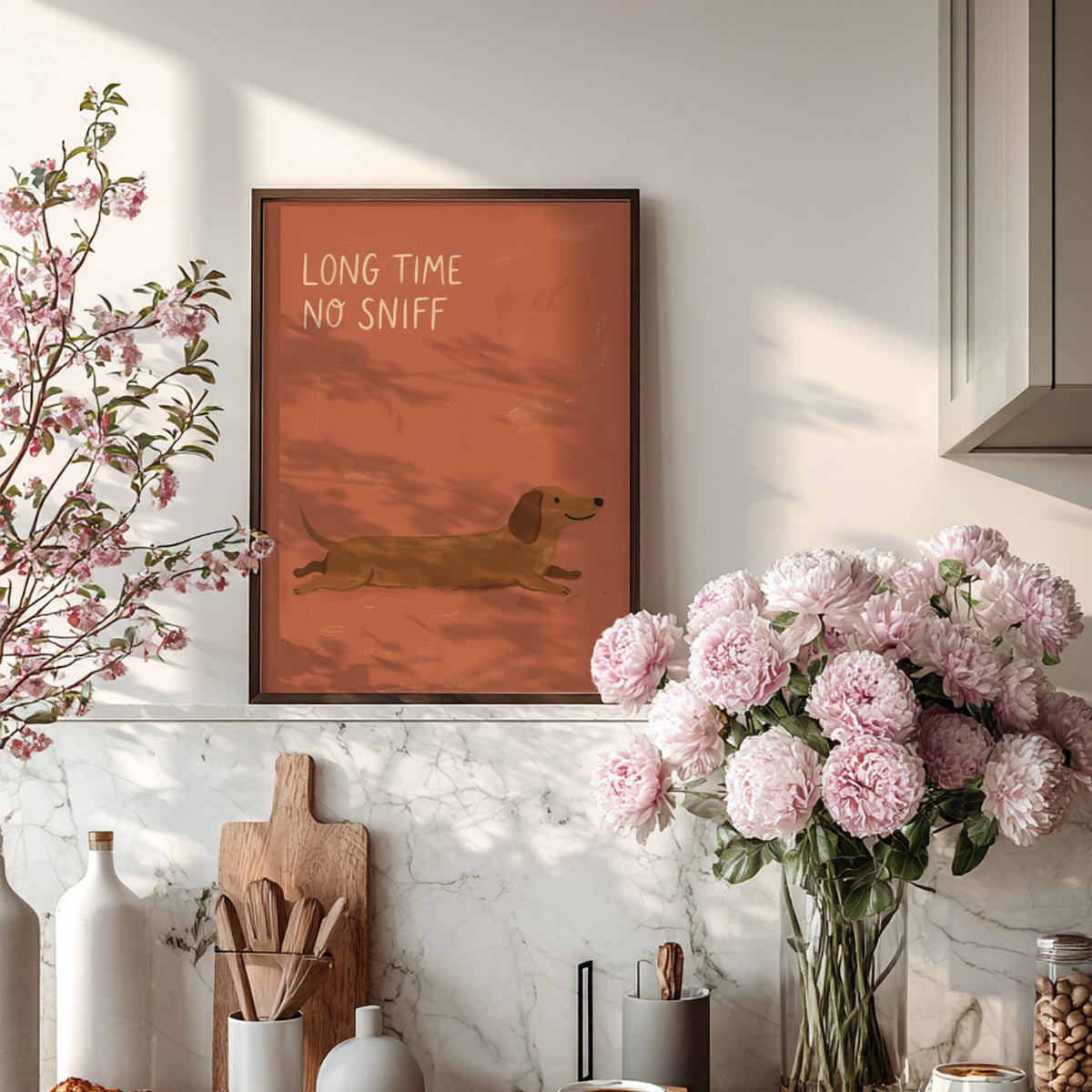 Poster featuring a brown dachshund on a warm terracotta background with white text saying Long Time No Sniff.