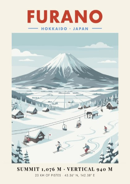 Furano ski resort poster featuring vintage style, snow-capped mountains, and cozy chalets in soft blue tones.