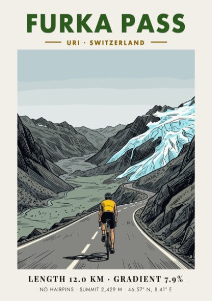 Poster showing a cyclist climbing the winding Furka Pass road in Switzerland with glaciers.