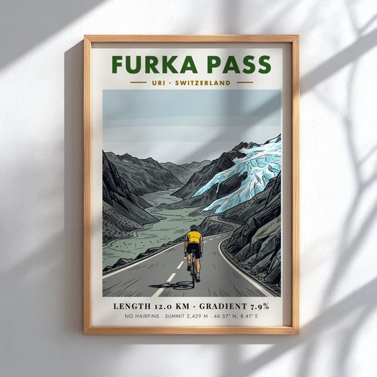 Poster showing a cyclist climbing the winding Furka Pass road in Switzerland with glaciers.