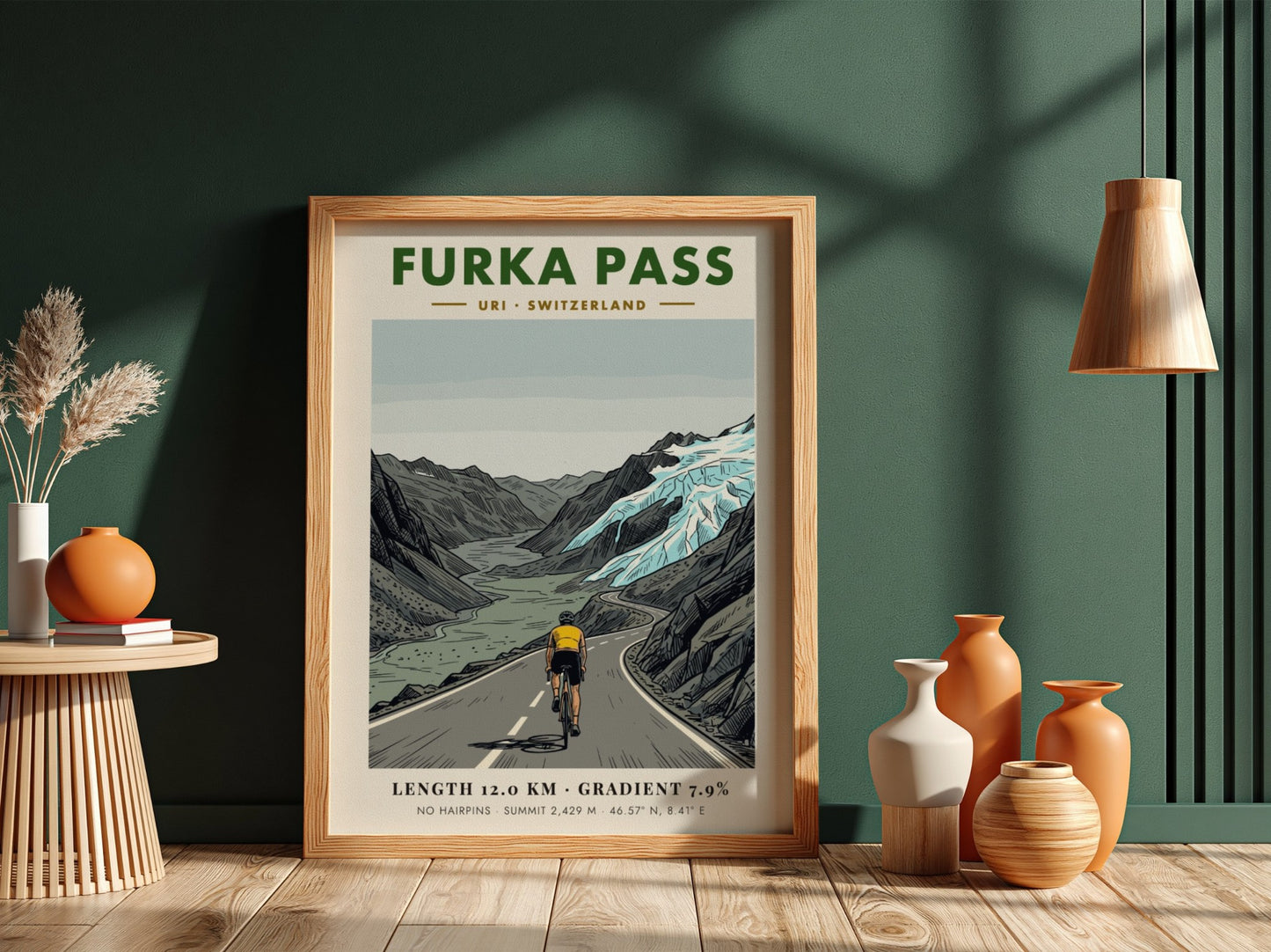 Poster showing a cyclist climbing the winding Furka Pass road in Switzerland with glaciers.