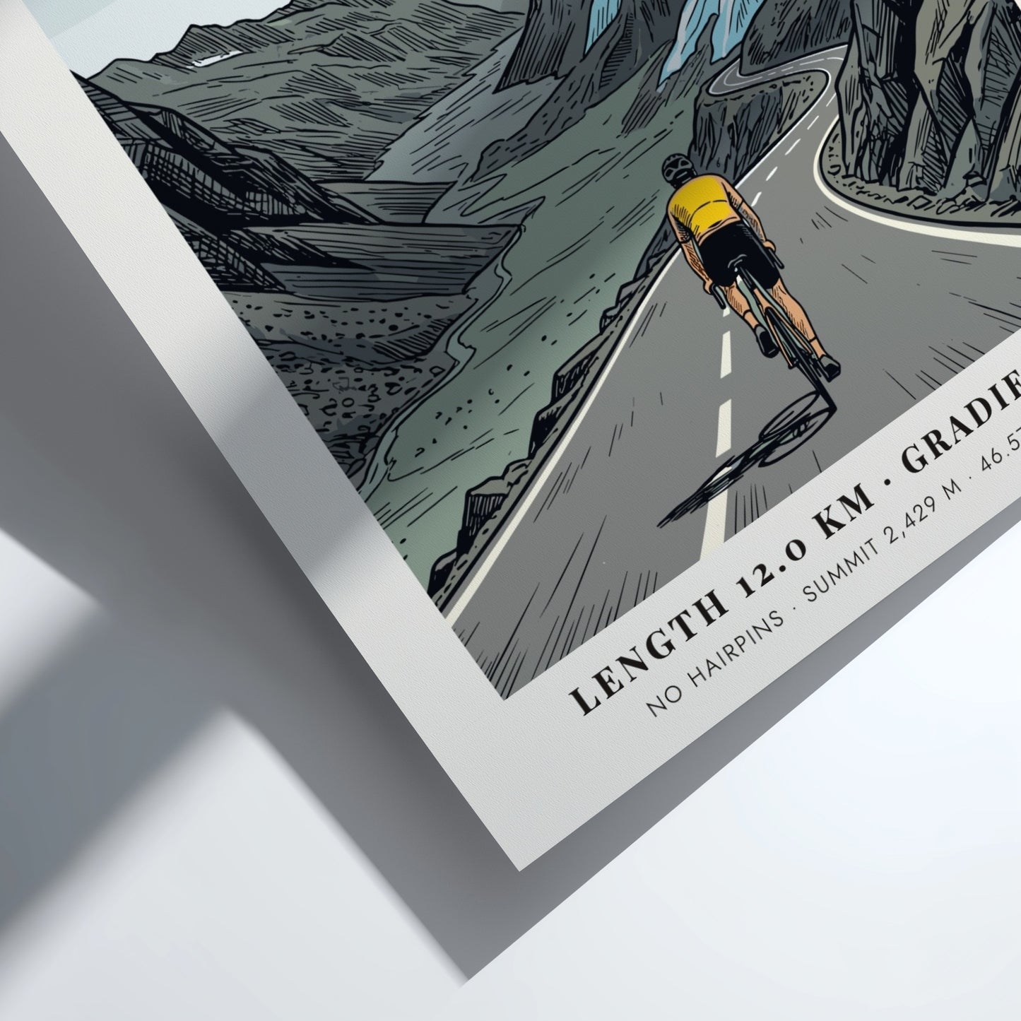 Poster showing a cyclist climbing the winding Furka Pass road in Switzerland with glaciers.