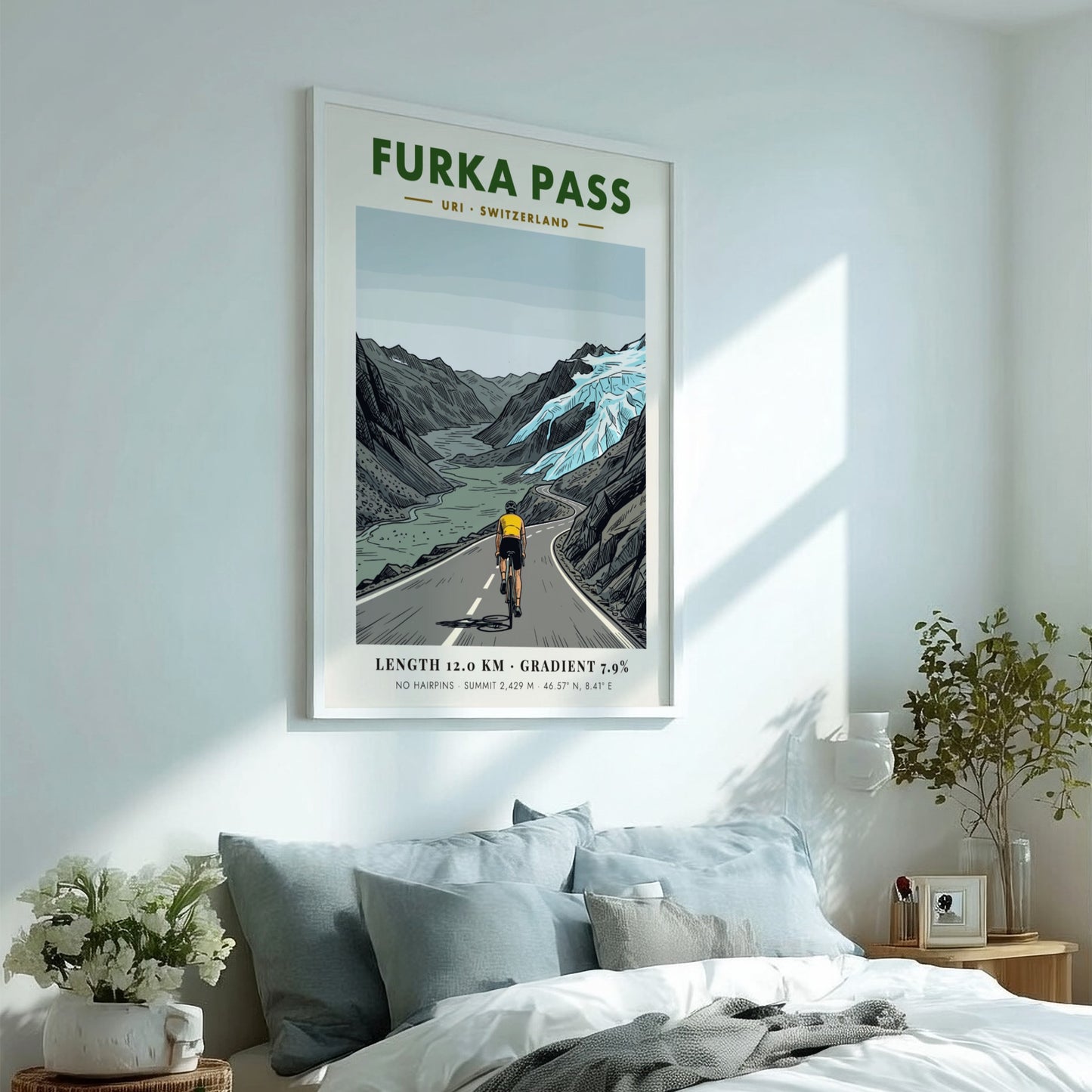 Poster showing a cyclist climbing the winding Furka Pass road in Switzerland with glaciers.