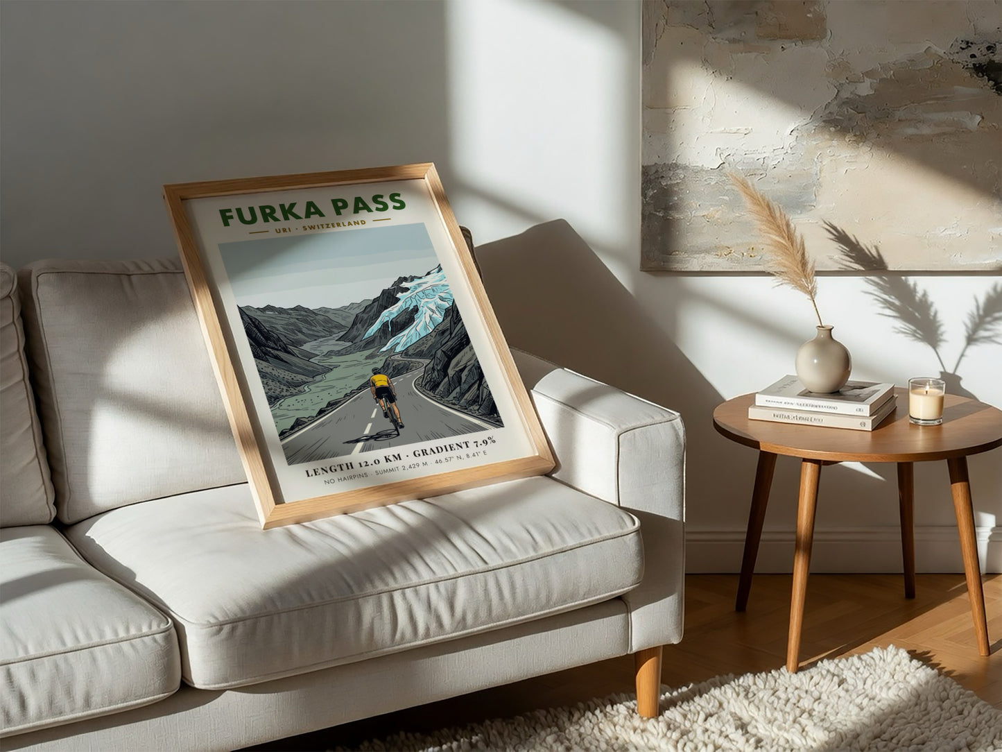 Poster showing a cyclist climbing the winding Furka Pass road in Switzerland with glaciers.