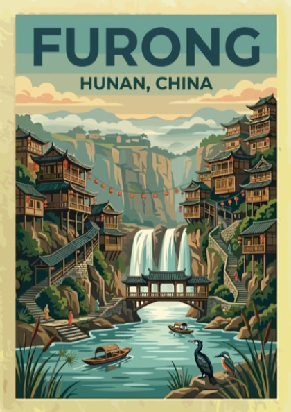 Travel poster featuring Furong Ancient Town with waterfalls and wooden architecture in vintage style