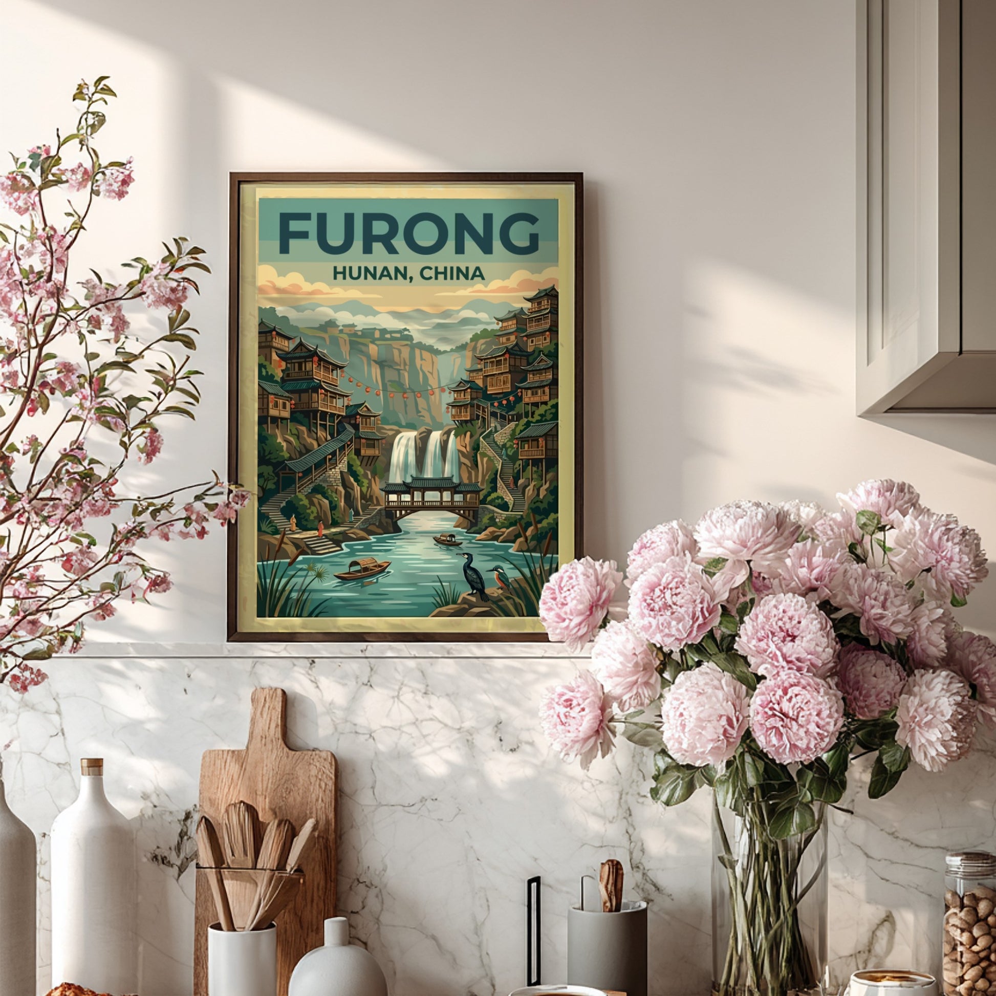 Travel poster featuring Furong Ancient Town with waterfalls and wooden architecture in vintage style