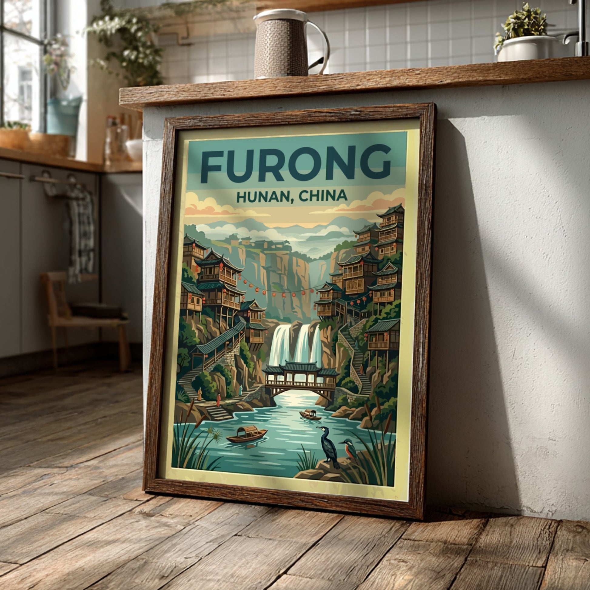 Travel poster featuring Furong Ancient Town with waterfalls and wooden architecture in vintage style