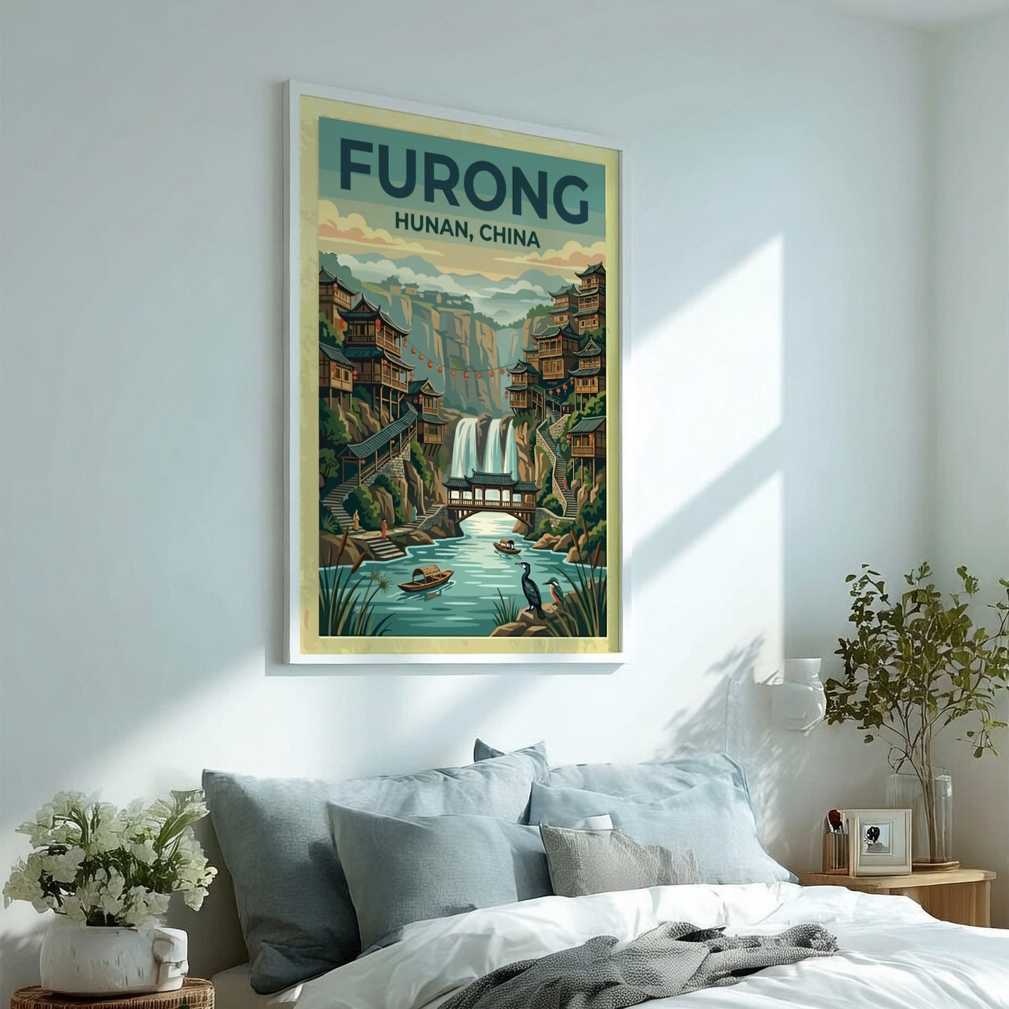 Travel poster featuring Furong Ancient Town with waterfalls and wooden architecture in vintage style