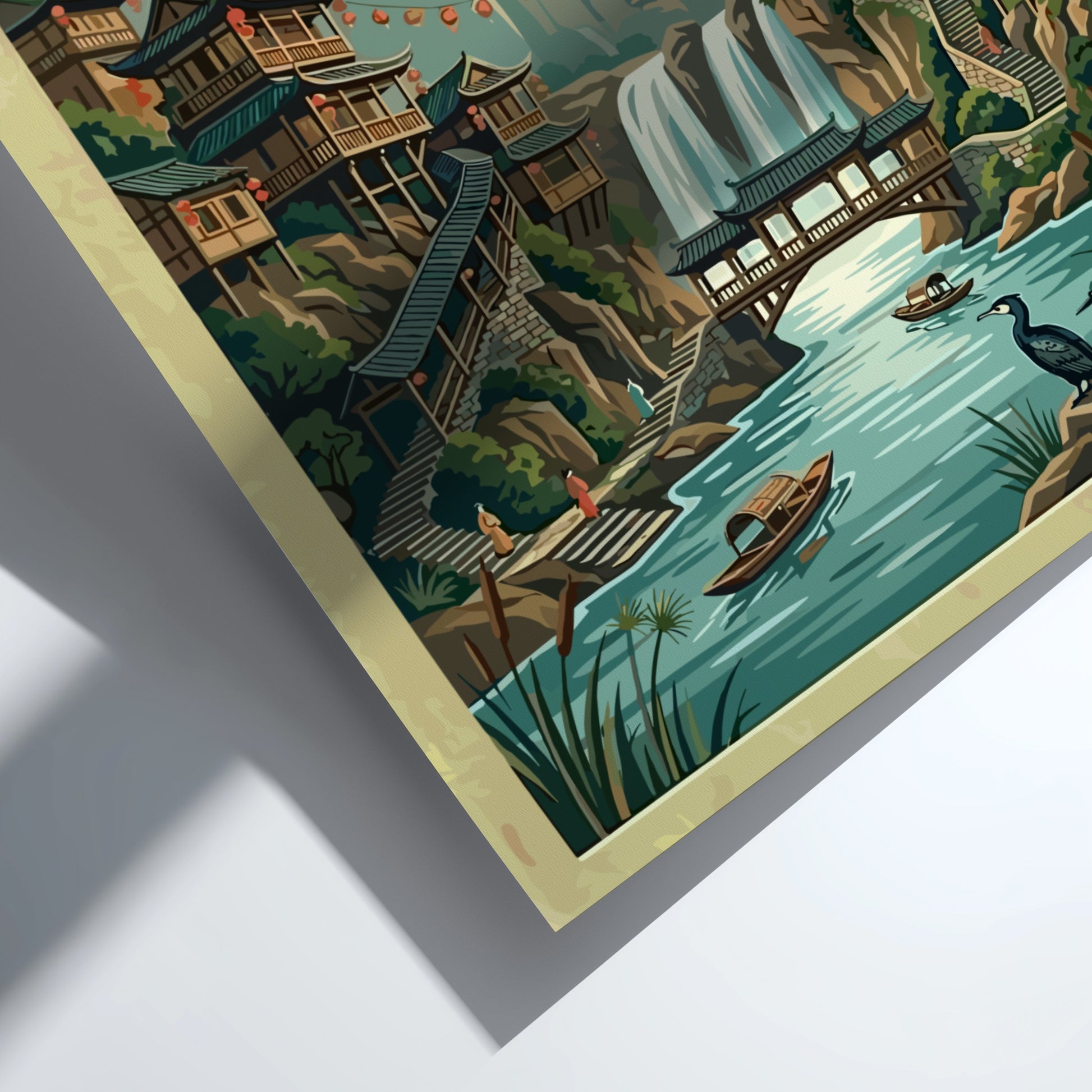 Travel poster featuring Furong Ancient Town with waterfalls and wooden architecture in vintage style