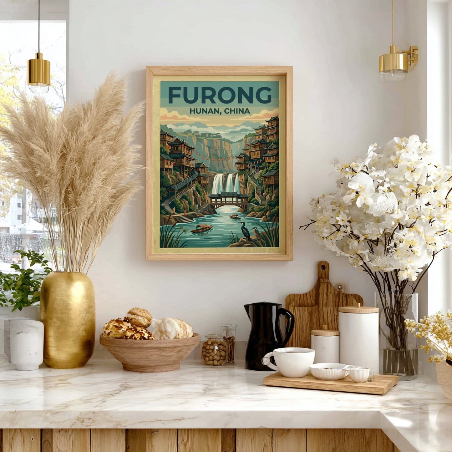 Travel poster featuring Furong Ancient Town with waterfalls and wooden architecture in vintage style