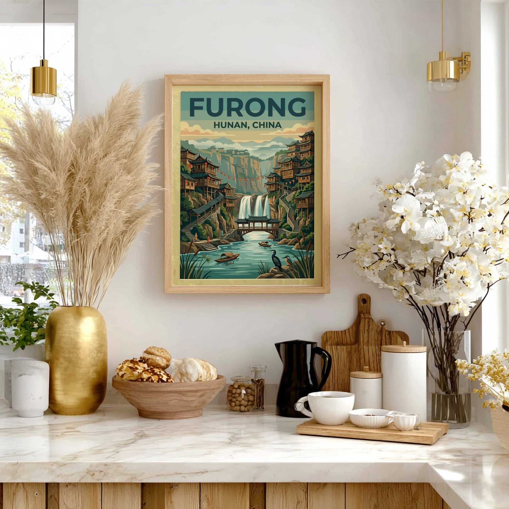 Travel poster featuring Furong Ancient Town with waterfalls and wooden architecture in vintage style