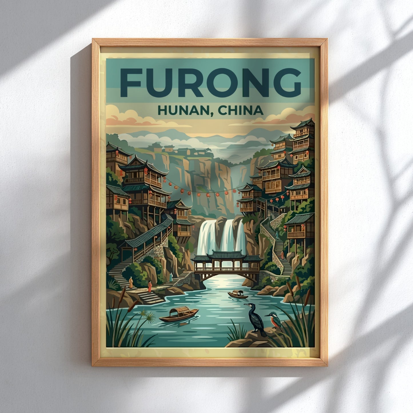 Travel poster featuring Furong Ancient Town with waterfalls and wooden architecture in vintage style