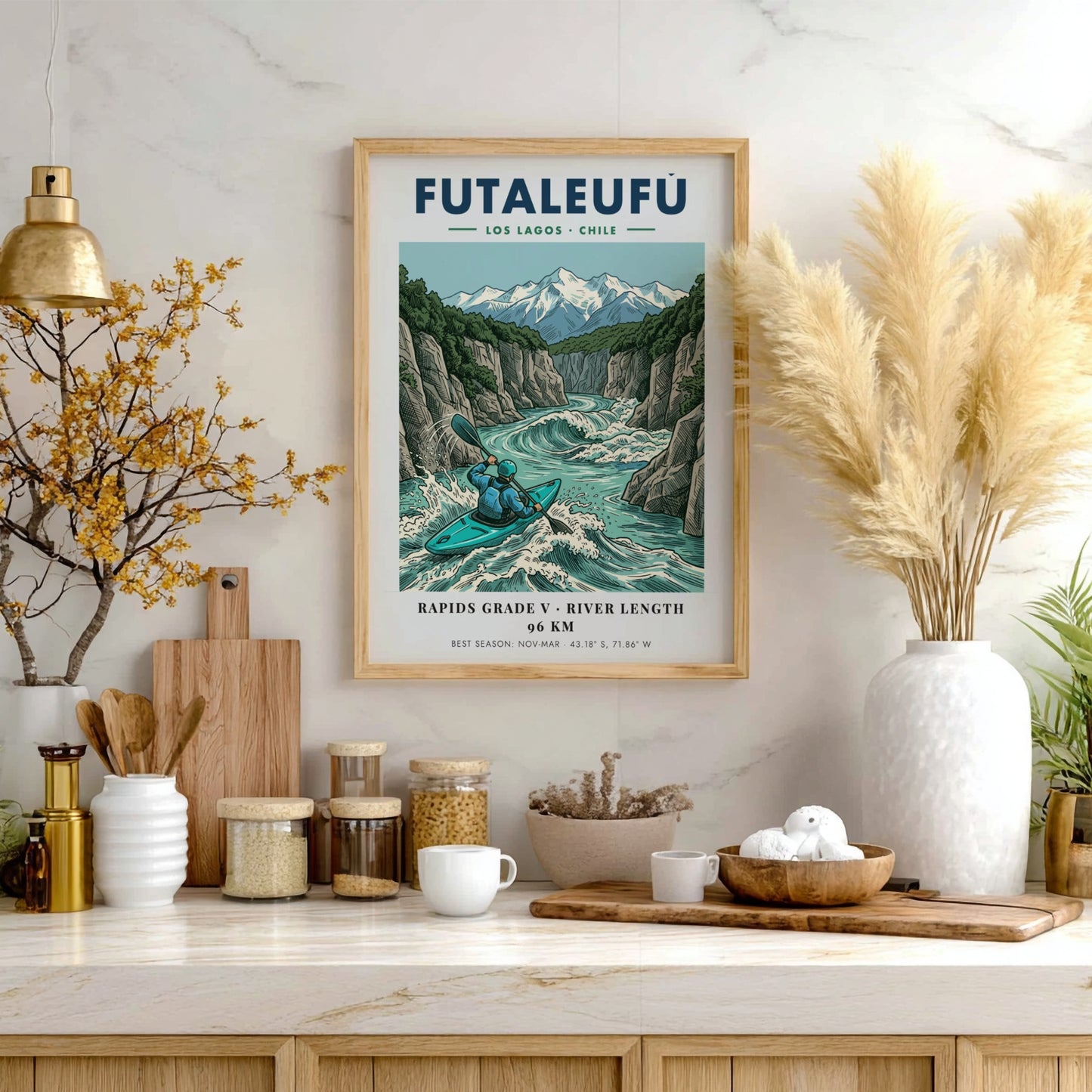 Poster of a kayaker navigating the turquoise rapids of the Futaleufu river in Chile.