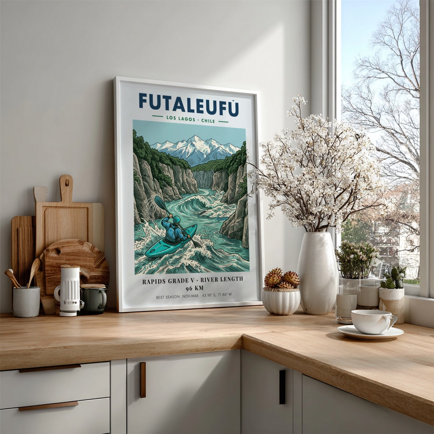 Poster of a kayaker navigating the turquoise rapids of the Futaleufu river in Chile.