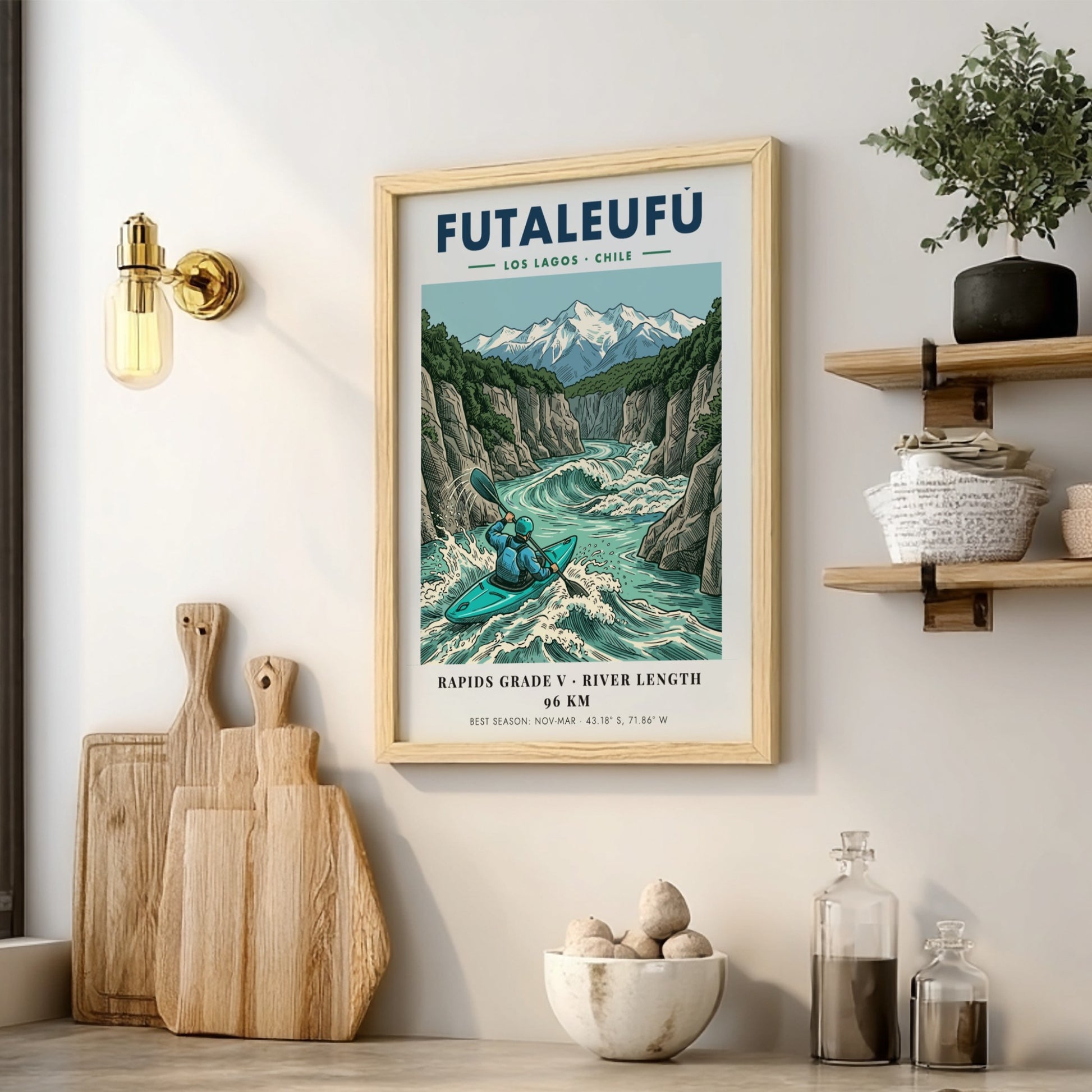 Poster of a kayaker navigating the turquoise rapids of the Futaleufu river in Chile.
