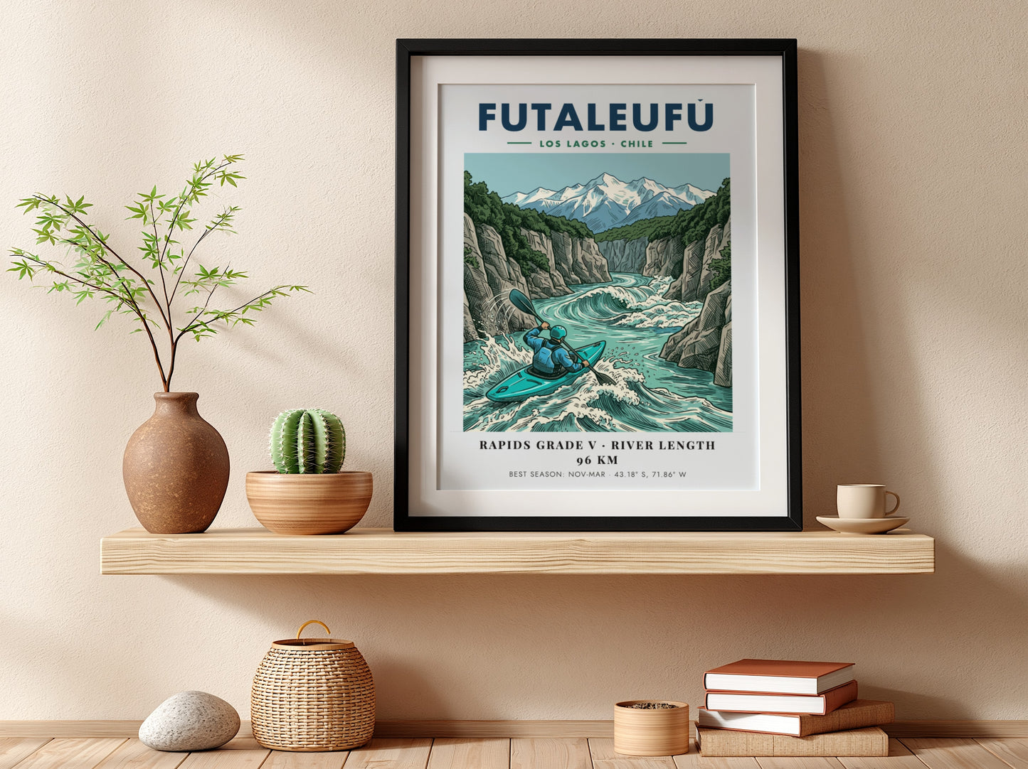 Poster of a kayaker navigating the turquoise rapids of the Futaleufu river in Chile.