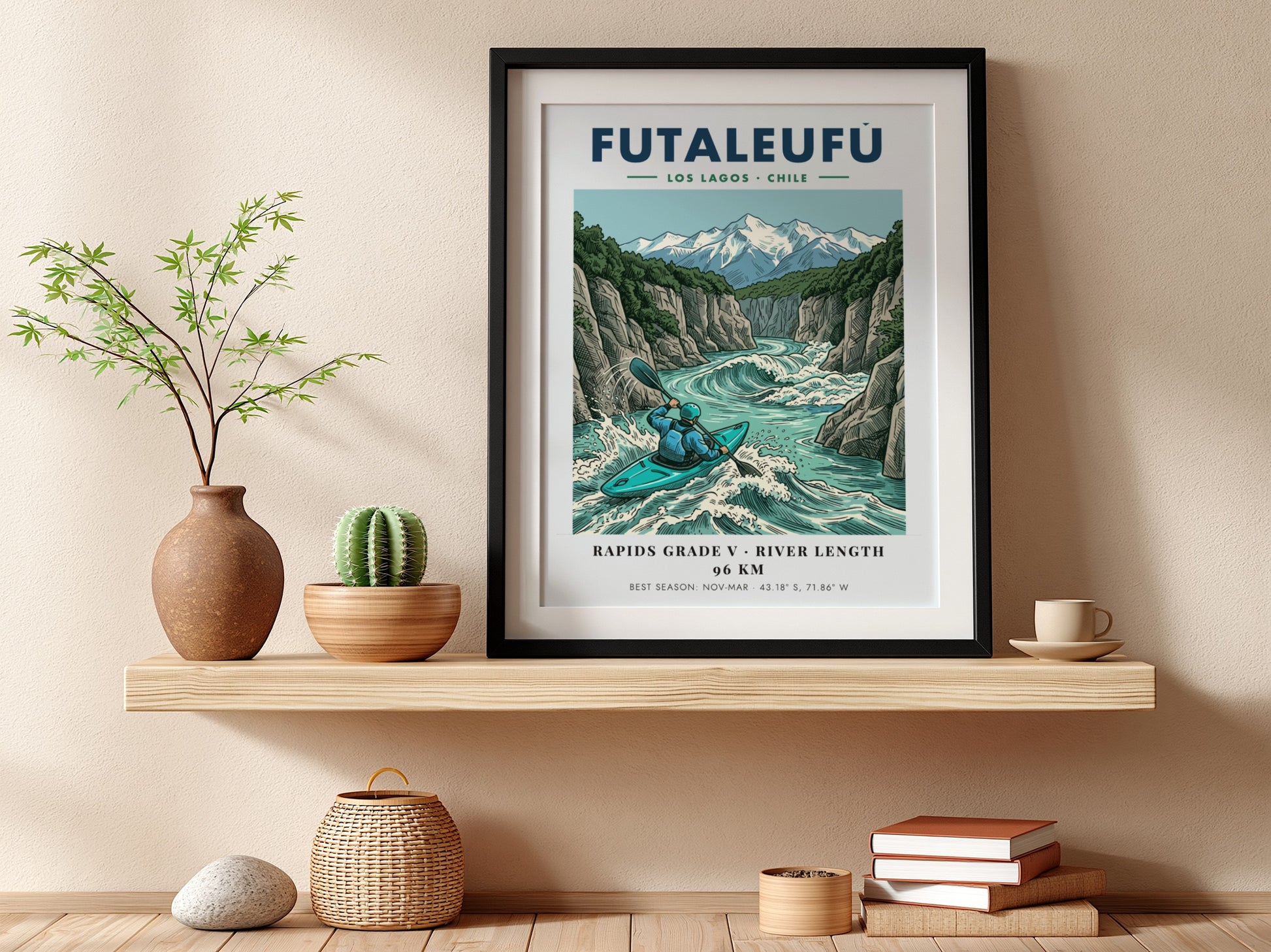 Poster of a kayaker navigating the turquoise rapids of the Futaleufu river in Chile.