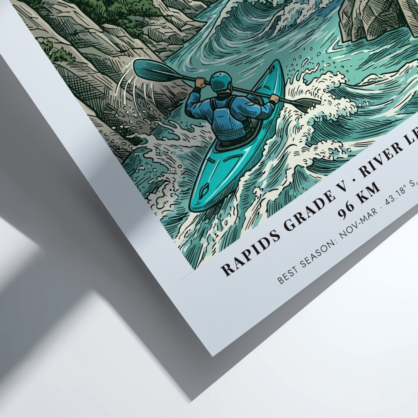 Poster of a kayaker navigating the turquoise rapids of the Futaleufu river in Chile.