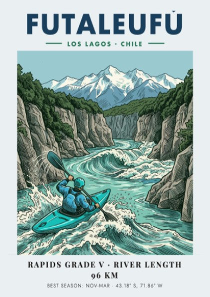 Poster of a kayaker navigating the turquoise rapids of the Futaleufu river in Chile.