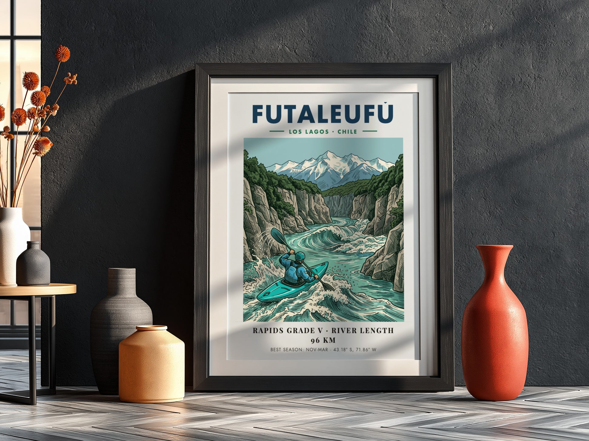 Poster of a kayaker navigating the turquoise rapids of the Futaleufu river in Chile.