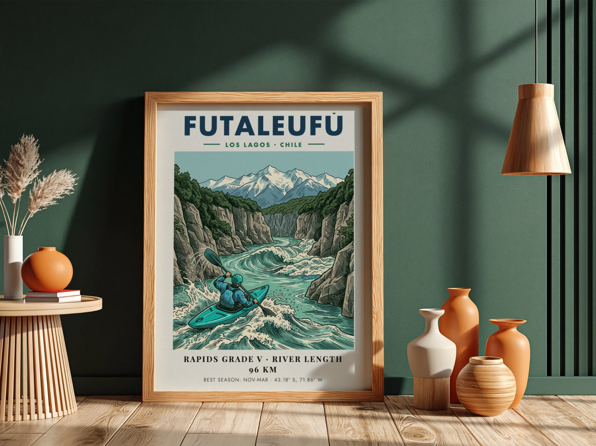 Poster of a kayaker navigating the turquoise rapids of the Futaleufu river in Chile.