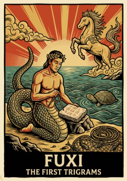 Poster featuring Fuxi the sage with a serpent tail inscribing ancient trigrams on stone