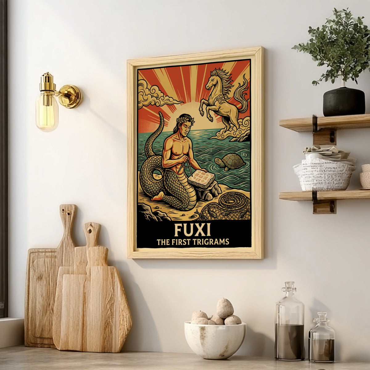 Poster featuring Fuxi the sage with a serpent tail inscribing ancient trigrams on stone